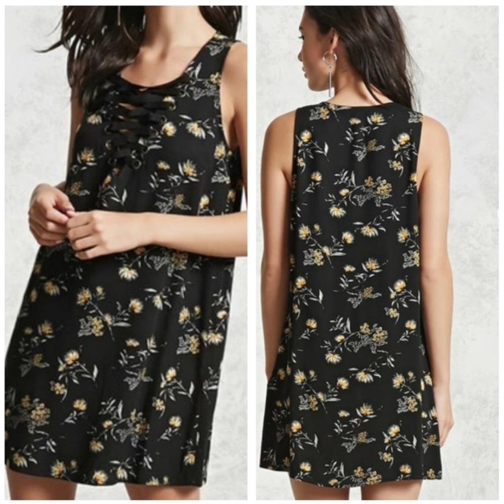 Mini Black and Yellow Floral Shift Dress